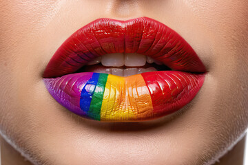 female lips in lgbt colors, lgbt love symbol - obrazy, fototapety, plakaty