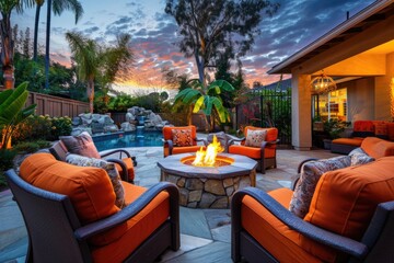 Modern Backyard with Fire Pit at Dusk