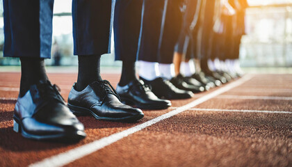 Silhouette of businessmen in black dress shoes and socks standing at the starting line, symbolizing readiness and determination