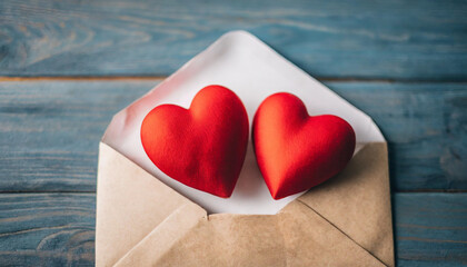 Two red hearts emerging from envelope symbolizing love and affection on Valentine's Day