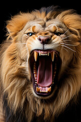 Roaring lion with a majestic mane captured against a black background in a studio