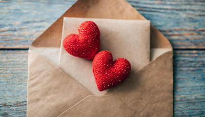 Two red hearts emerging from envelope symbolizing love and affection on Valentine's Day