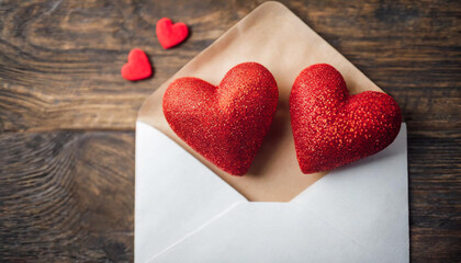 Two red hearts emerging from envelope symbolizing love and affection on Valentine's Day