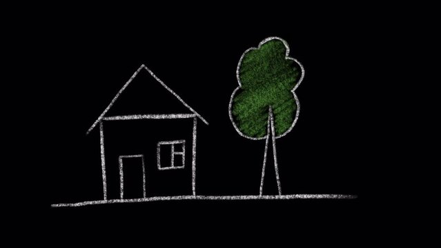 Hand drawn animated doodle of a house and a tree near it, video clip with alpha channel.