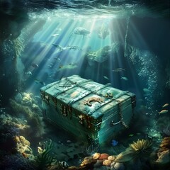 Lost treasure of Atlantis surrounded by guardian sea creatures