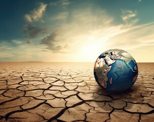 A human globe sits on a barren land with sunlight shining down on it, climate change and soil drying