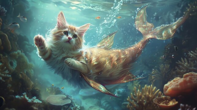 A whimsical cat with a mermaid fin gracefully swimming among coral reefs underwater