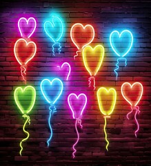 Glowing neon banners and balloons on brick wall. Happy birthday greeting card, bright advertising at night