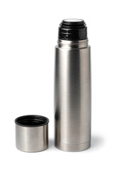 Single open Aluminum thermo bottle close up isolated on white background