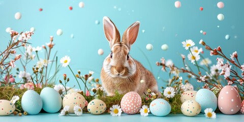 easter bunny and easter eggs on a meadow on blue background 