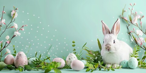 easter bunny and easter eggs on a meadow on blue background  - obrazy, fototapety, plakaty