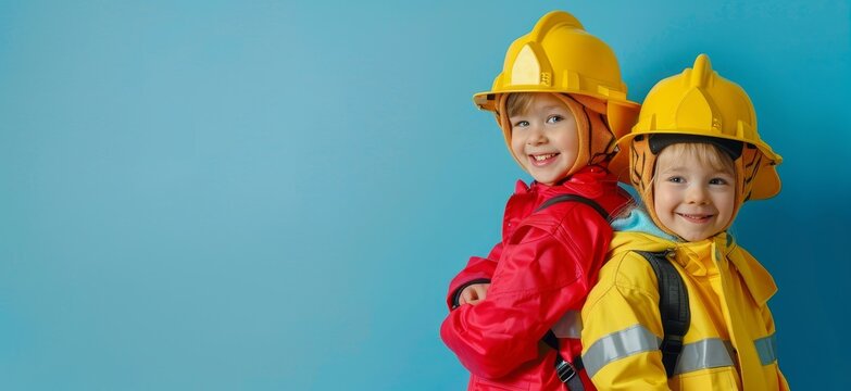 Two kid firefighters isolated on blue background, kid firefighters play role-playing
