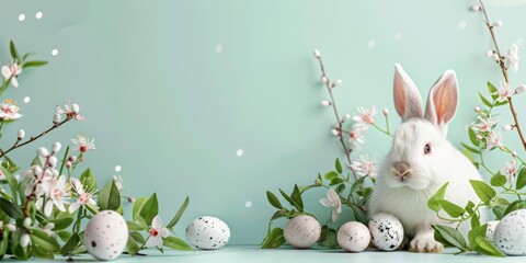 easter bunny and easter eggs on a meadow on blue background 