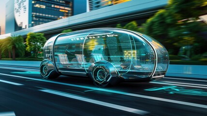 Futuristic Autonomous Vehicle, Conceptual design of a self-driving car with transparent displays and augmented reality for an immersive passenger experience