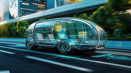 Fototapeta premium Futuristic Autonomous Vehicle, Conceptual design of a self-driving car with transparent displays and augmented reality for an immersive passenger experience