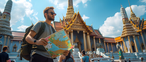 Tourists open map visit temples in Thailand.