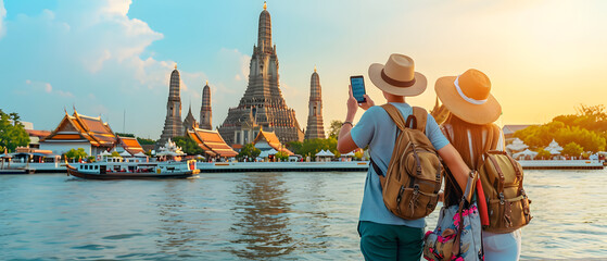 Tourists open map visit temples in Thailand.