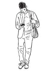 Outline drawing of one casual modern young city man walking along street and looking at smartphone, vector illustration isolated on white