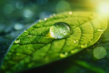 Beauty transparent drop of water on a green leaf macro with sun glare. Beautiful artistic image of environment nature in spring or summer. generative ai.