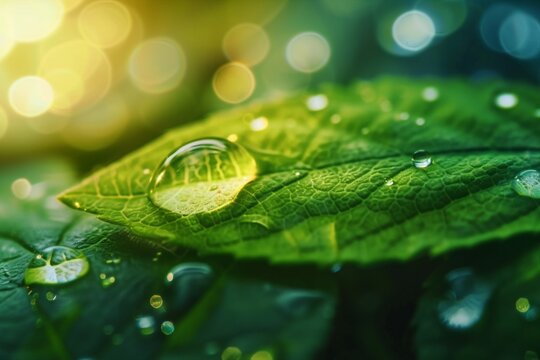 Beauty transparent drop of water on a green leaf macro with sun glare. Beautiful artistic image of environment nature in spring or summer. generative ai.