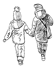 Sketch of two casual children holding hands and walking outdoors together black and white hand drawing isolated on white