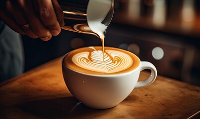 Fototapeta na wymiar Person Pouring Milk Into Cup of Cappuccino