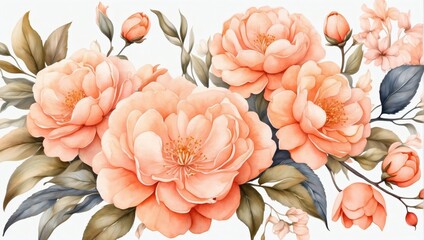 Peach floral pattern. Watercolor soft flowers.