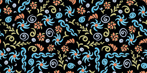 Seamless pattern of watercolor doodle sketches of various abstract decorative design elements, vector background for textile, wallpaper