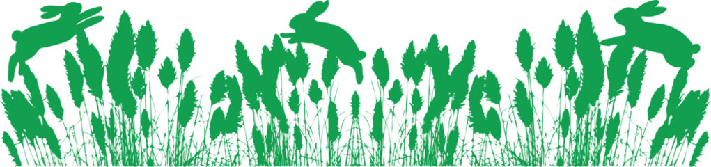 Green pampas grass, silhouetted rabbits jumping, nature-inspired design, ideal for eco-friendly, natural aesthetics in web/print media