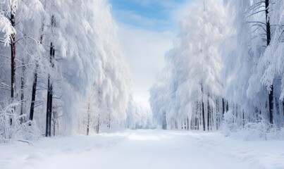 Snow Covered Road Surrounded by Tall Trees
