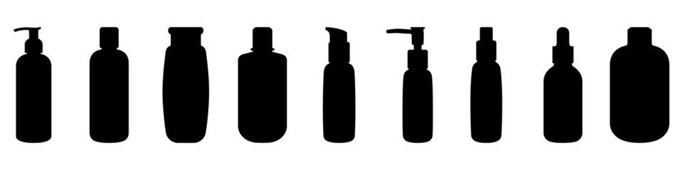 Set of liquid bottles with a dispenser vector. bottles for body care vector. Cosmetic containers for personal hygiene in linear style vector. Self care vector.