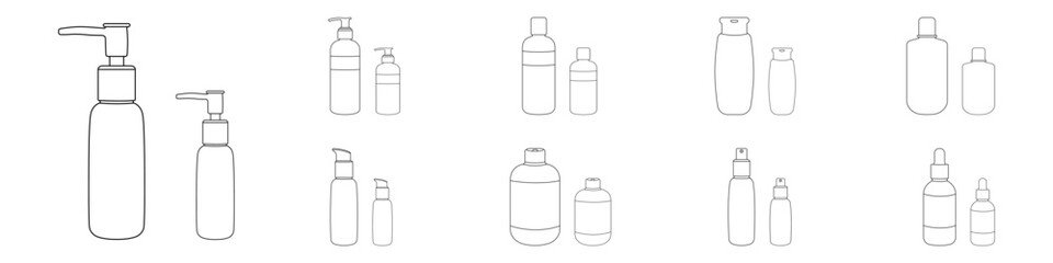 Set of liquid bottles with a dispenser vector. bottles for body care vector. Cosmetic containers for personal hygiene in linear style vector. Self care vector.