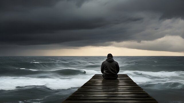 represent people suffering from depression, A boy with sad mood at a beach, sea with dark sky, mental health concept