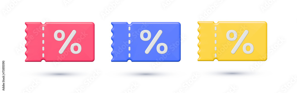 Sticker 3d discount coupon voucher with percent sign. special offer, seasonal sale, deal sticker, gift card,