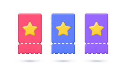 3D discount coupon voucher with star icon. Special offer, seasonal sale, deal sticker, gift card, lucky ticket, earn point. Promotion design elements illustration set isolated on white background.