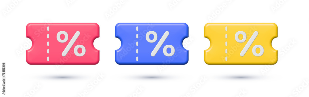 Sticker 3d discount coupon voucher with percent sign. special offer, seasonal sale, deal sticker, gift card,