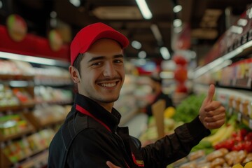 Portrait of a male supermarket employee Thumbs up and smiles looking at the camera with a happy expression on the service
