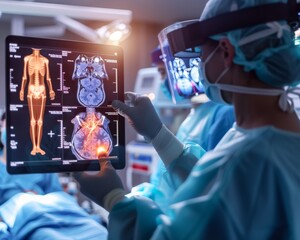 A surgeon in scrubs examines interactive 3D medical imagery during an operation, showcasing modern digital healthcare technology.