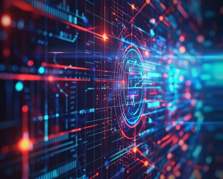 Vibrant digital interface with advanced technological graphics and data visualization representing a concept of the future of computing.