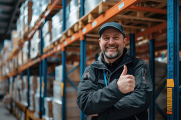 Portrait of a male supervisor stands in warehouse with thumbs up satisfied with the sales putting his thumb on