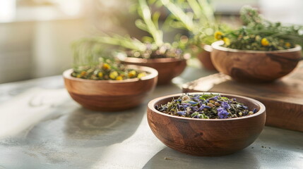 Tea Lover's Collection: Variety of Dry Tea Leaves in Wooden Bowls