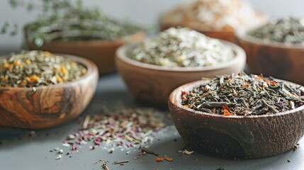 Aromatic Tea Assortment: Exquisite Dry Leaves Displayed in Wooden Bowls