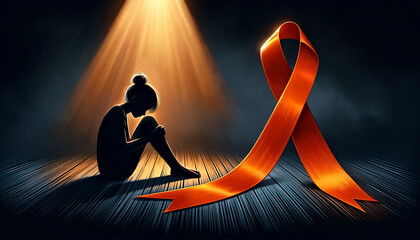 Silhouette of a pensive woman with an orange ribbon. Self-Injury Awareness Day concept