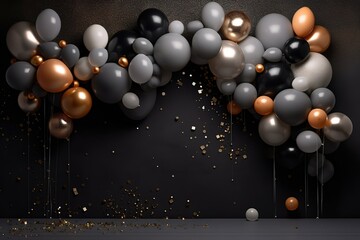 Silver and gold balloon celebration decorations on a black background and gold ribbon particles