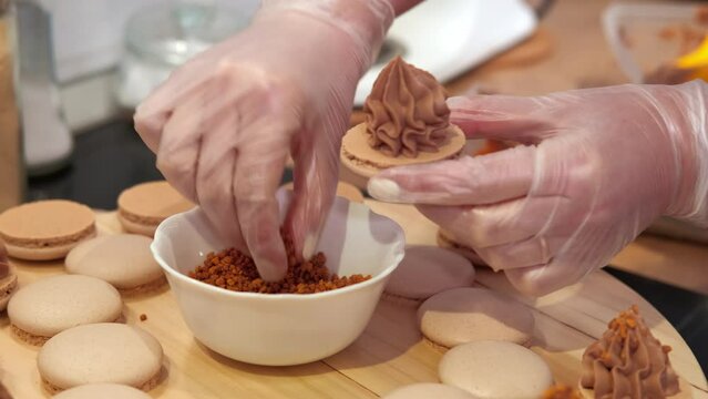 Close up video of making macaroons at home on kitchen.
