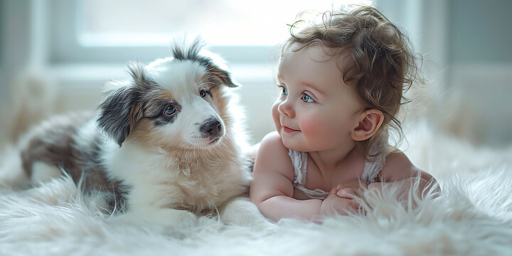 A blue-eyed baby and a black and white border collie puppy lie together on a white fluffy carpet and play, against the background of a window. Children's interactions with pets