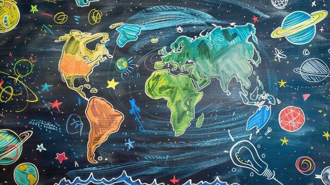 Colorful Chalkboard Drawing of World and Space
Vivid and educational chalk drawing depicting the Earth and various space elements like planets and stars, on a school chalkboard.
