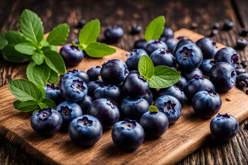 Fresh blueberries are piled high on the wooden cutting board, with a few scattered underneath. The purple hues of brown and blueberries evoke a serene feeling