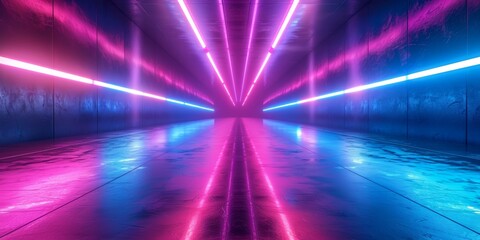 Sci Fi Futuristic Smoke Fog Neon Laser Garage Room,blue pink violet neon abstract background,ultraviolet light,night club Cyber Undergound Warehouse Concrete Reflective Studio,3D Render illustration