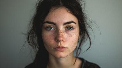 A woman with a flat affect her face lacking emotion and her eyes distant.
